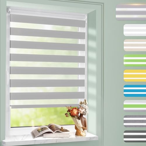 Doppelrollo Klemmfix ohne Bohren Grau 65x200cm, Fenster Rollos für innen mit Bohren, Duo Rollo für Lichtdurchlässig und Verdunkelnd, Höhe Stufenlos Verstellbar Fensterrollo mit Kindersicherung von Homland