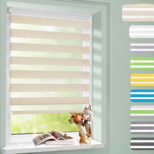 Doppelrollo Klemmfix ohne Bohren Leinen 90x230cm, Fenster Rollos für innen mit Bohren, Duo Rollo für Lichtdurchlässig und Verdunkelnd, Höhe Stufenlos Verstellbar Fensterrollo mit Kindersicherung von Homland