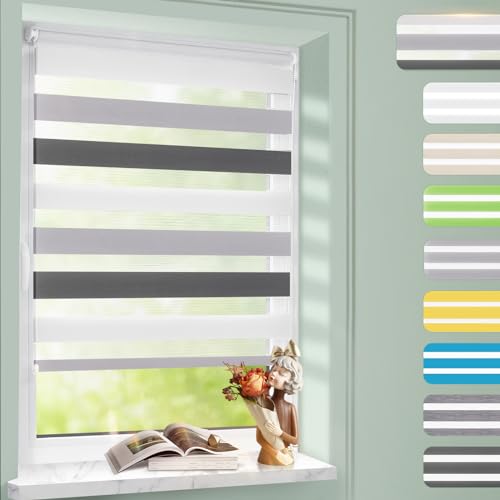 Doppelrollo Klemmfix ohne Bohren Weiß-grau-anthrazit 50x140cm, Rollos für Fenster, Rollo Klemmrollos lichtdurchlässig & verdunkelnd, Fensterrollo innen Sonnenschutz & Sichtschutz von Homland