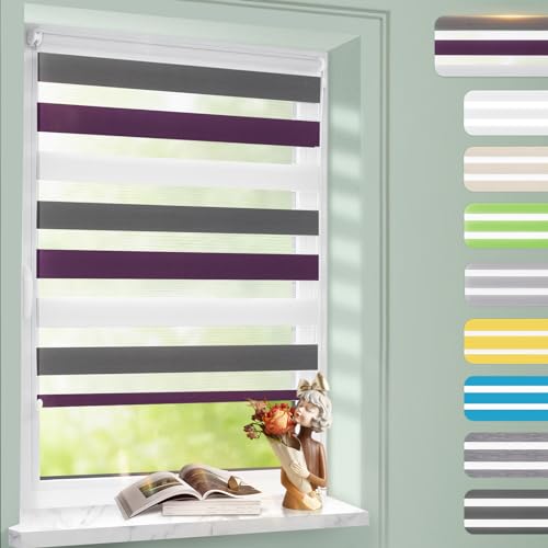 Doppelrollo Klemmfix ohne Bohren Weiß-grau-lila 40x150cm, Rollos für Fenster, Rollo Klemmrollos lichtdurchlässig & verdunkelnd, Fensterrollo innen Sonnenschutz & Sichtschutz von Homland