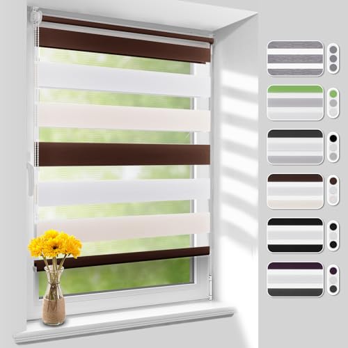 Homland Doppelrollo Klemmfix ohne Bohren B70 x H140 cm(Stoffbreite 65cm) Weiß-beige-braun, Duo Rollo, Rollo Klemmrollos lichtdurchlässig & verdunkelnd, Verstellbar Fensterrollo Sonnenschutz von Homland