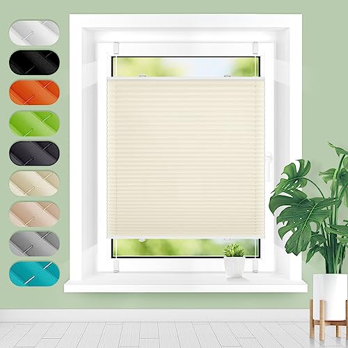 Plissee ohne Bohren Klemmfix Beige 75x110cm, Plissees für Fenster und Tür, Jalousie Easyfix Plisseerollo mit Klemmträger Sonnenschutz und Sichtschutz lichtdurchlässig Rollo von Homland