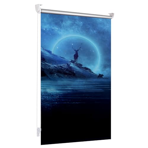 Verdunkelungsrollo Klemmfix ohne Bohren B50 x H130 cm (Stoffbreite 45cm) – Verdunklungsrollo Seitenzugrollo mit fluoreszierender Funktion & Klemmrollo für Fenster, Fluoreszierender Elch von Homland