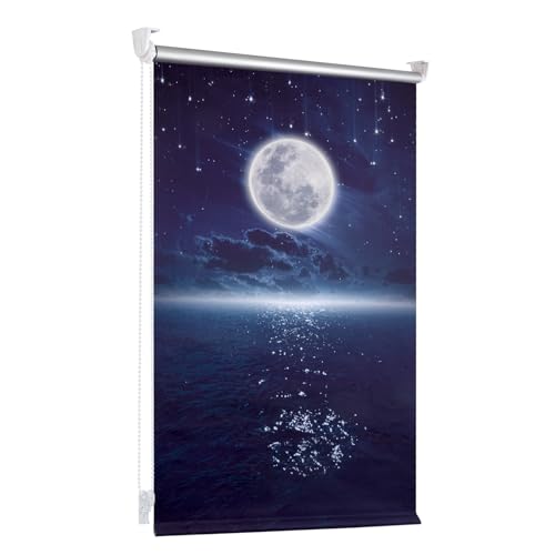 Verdunklungsrollo ohne Bohren/mit Bohren Thermorollo klemmfix Mond und Sterne Fluoreszierend B80 x H130 cm (Stoffbreite 75cm) Blau, Hitzeschutz und Sichtschutz, Wandmontage von Homland