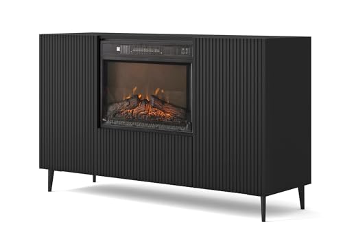 Homlando Kommode Ravenna B 140 cm 2D1K mit elektrischem Kamin gefräster Front MDF Sideboard - Mehrzweckschrank - Highboard Schrank Büfett - für Wohnzimmer - Schwarz Matt von Homlando