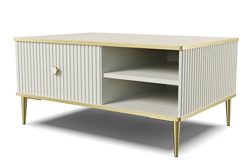 Homlando Couchtisch Petra 90 x 60 cm Quadrat - Beistelltisch - Tisch für Wohnzimmer - Gefräste MDF-Dekorationen auf goldenen Metallbeinen - Kaffeetisch Tisch mit Regal (Kaschmir) von Homlando