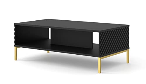 Homlando Couchtisch SURF 90x60 cm mit gefräste MDF-Fronten Kaffeetisch, Tisch mit Regal, Beistelltisch auf Metallbeinen (Schwarz Matt) von Homlando