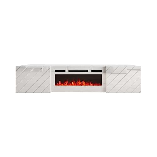Homlando Hängend TV Schrank Roxy 183 cm – Lowboard - Moderner TV-Stand mit Stauraum für das Wohnzimmer – Sideboard – Elektrischer Kamin (Weiß Matt/Weiß Glänzend mit Weiß elektrischer Kamin) von Homlando