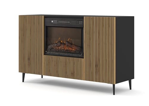 Homlando Kommode Ravenna 2D1K 140 cm mit Kamin – Modernes Sideboard, Push-to-Open, Front Hochwertiges MDF, Heizfunktion, modernes Design, Wohnzimmermöbel, Stauraum (Schwarz/Artisan Eiche) von Homlando