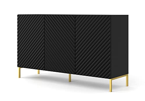 Homlando Kommode SURF 3D 150 cm mit gefräste dekorierte MDF-Fronten auf Metallbeinen, Sideboard, Highboard 3 Türen, Schrank (Schwarz Matt) von Homlando