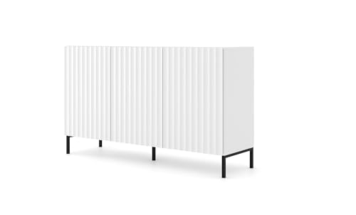 Homlando Kommode Wave 150 cm 3D Sideboard mit 3 Türen - Highboard - Gefräst MDF- Moderner Kommode für das Schlafzimmer oder Wohnzimmer - Weiß Matt mit Schwarz Metallrahme von Homlando