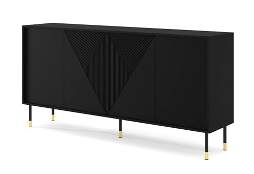 Homlando Kommode Woody Black 4D 180 cm - Sideboard mit 4 Türen für Schlafzimmer oder Wohnzimmer - Moderne Kommode mit gefräster Front MDF - Metallbeine - Schwarz Matt von Homlando