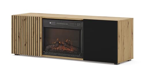 BIM Furniture TV Lowboard AURIS – 150x42x42 cm Stehend Wohnzimmermöbel, mit elektrischem Kamin, Grifflose Fronten, Stauraum – Eiche Artisan/Schwarz Matt von Homlando