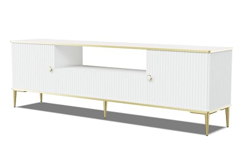 Homlando TV Schrank Petra 180 cm 2D1S - Moderner TV-Möbel mit mit gefräster Front Hochwertiges MDF- Lowboard mit Stauraum für Wohnzimmer Schlafzimmer - Goldene Metallbeine (Weiß Matt) von Homlando