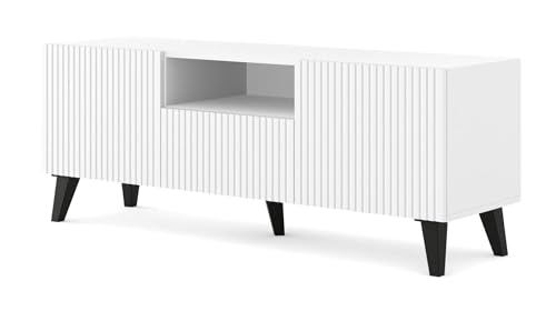 Homlando TV Schrank Ravenna B 150 cm 2D1S - WEIß MATT - mit Schwarzen Beinen Unterschrank - Fernsehschrank - TV Board - Sideboard mit gefräster fronten von Homlando