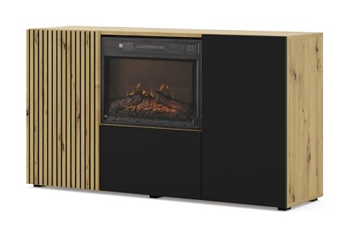 Kommode Auris 148,8 x 42 x 82 cm mit integriertem Kamin, realistischer Flammeneffekt, 3 Schränke, 5 Regale, Digitale Temperaturregelung, modernes Design in Artisan Eiche und Schwarz, kompaktes Format von Homlando