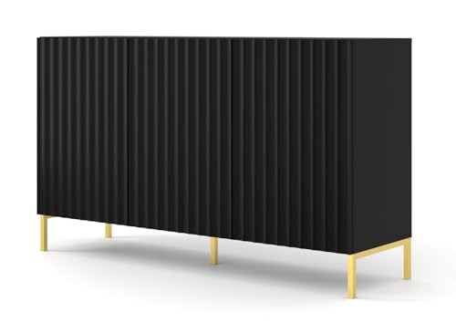 Kommode Wave 150 cm 3D Sideboard mit 3 Türen - Highboard - Gefräst MDF- Moderner Kommode für das Schlafzimmer oder Wohnzimmer - Schwarz Matt mit Metallrahme (Schwarz Matt mit Gold Metallrahmen) von Homlando