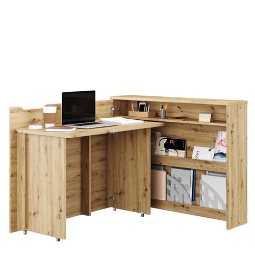 Lenart Work Concept CW-01L - Ausklappbarer Schreibtisch mit Regalen - Linke Seite - Arbeitsfläche Tischplatte 100 cm - Intelligentes Home Office (Handwerkliche Eiche) von Homlando