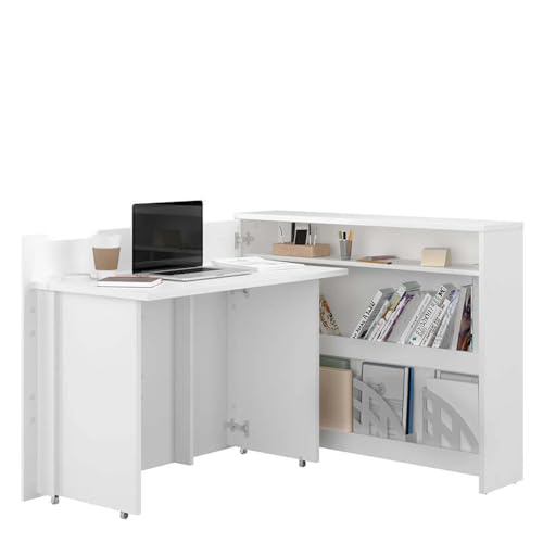 Lenart Work Concept CW-01L - Ausklappbarer Schreibtisch mit Regalen - Linke Seite - Arbeitsfläche Tischplatte 100 cm - Intelligentes Home Office (Weiß matt/Weiß glänzend (vorne)) von Homlando