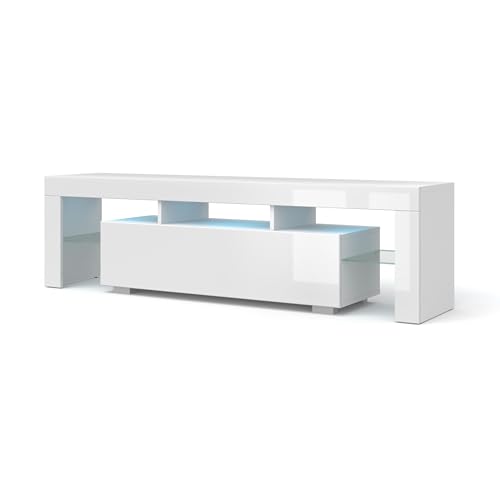 TV-Lowboard 160 cm Weiß Matt/Weiß Hochglanz – Modernes Fernsehschrank Wohnzimmermöbel mit Stauraum, MDF Fronten, Glastablare (Weiß Matt/Weiß Hochglanz mit Blaue LED-Beleuchtung) von Homlando