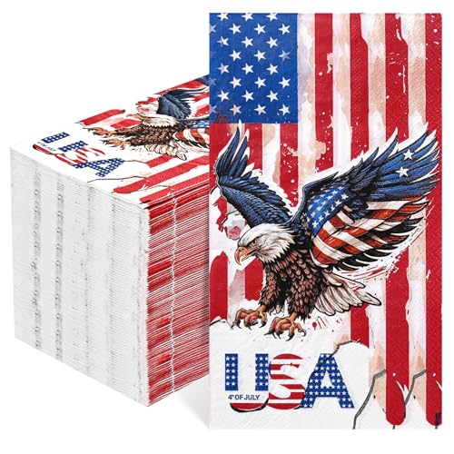 Homlouue Servietten zum 4. Juli, amerikanische Adlerflagge, 3-lagig, 100 Stück, rot-weiße und blaue Papierservietten, patriotische Servietten, Dekoration, Einweg-Servietten für Veteranentag, von Homlouue