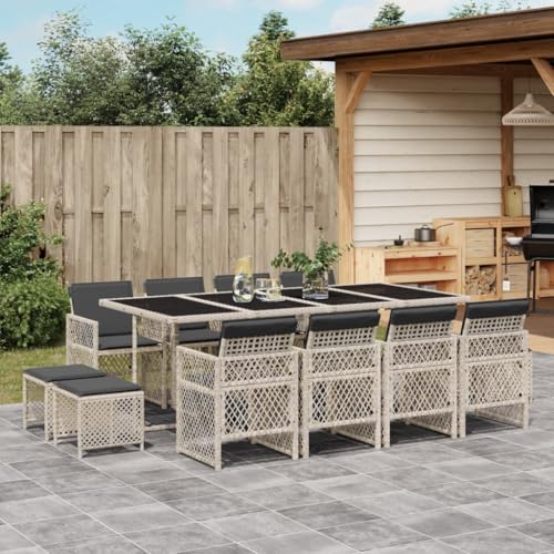 Hommdiy 13-TLG. Garten-Essgruppe mit Kissen Hellgrau Poly Rattan Glas von Hommdiy