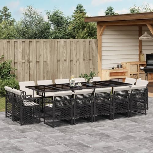Hommdiy 15-TLG. Garten-Essgruppe mit Kissen Schwarz Poly Rattan Glas von Hommdiy