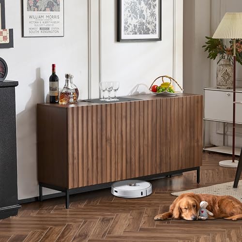Hommdiy 150x40x80cm Eiche dunkel gemasert, Sideboard, Mid-Century Modern Dekoschrank, 3 Türen, welliges 3D-Design, verstellbare Einlegeböden, Kippsicherung-stilvolle Aufbewahrung für Wohnzimmer von Hommdiy