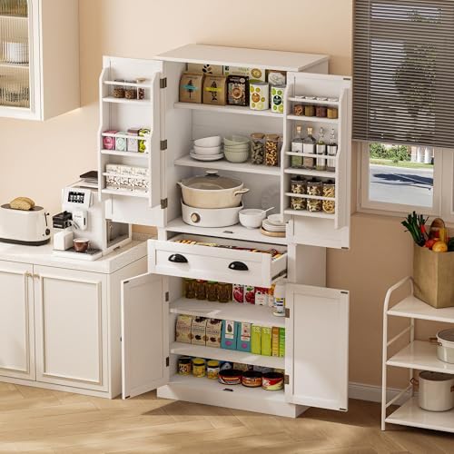 Hommdiy 182 cm Aufbewahrungsschrank, 4 Türen und 1 Schublade, 2 Türen mit Ablageflächen, 6 Staufächer und 4 verstellbare Ablageflächen, geeignet für Küche, Esszimmer und Wohnzimmer, weiß von Hommdiy