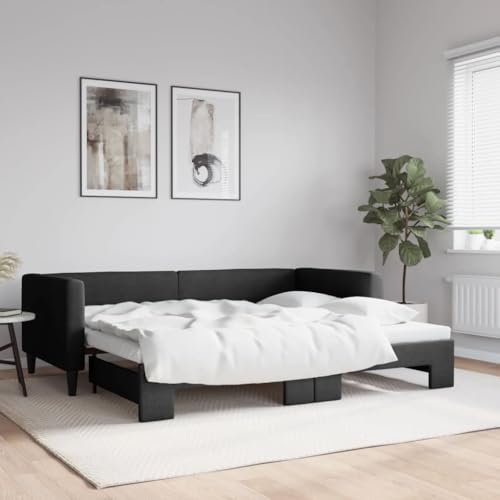 Hommdiy 2 in1-Bettsofa Tagesbett Ausziehbar Schlafsofa Gästebett für Schlafzimmer Wohnzimmer Ausziehbar Schwarz 90x190 cm Stoff von Hommdiy