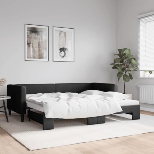 Hommdiy 2 in1-Bettsofa Tagesbett Ausziehbar Schlafsofa Gästebett für Schlafzimmer Wohnzimmer Ausziehbar Schwarz 90x200 cm Stoff von Hommdiy