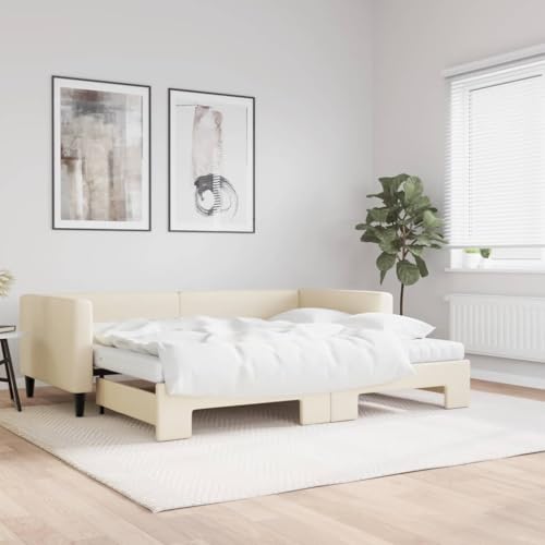Hommdiy 2 in1-Bettsofa Tagesbett Ausziehbar Schlafsofa Gästebett für Schlafzimmer Wohnzimmer Ausziehbar mit Matratzen Creme 90x200 cm Stoff von Hommdiy