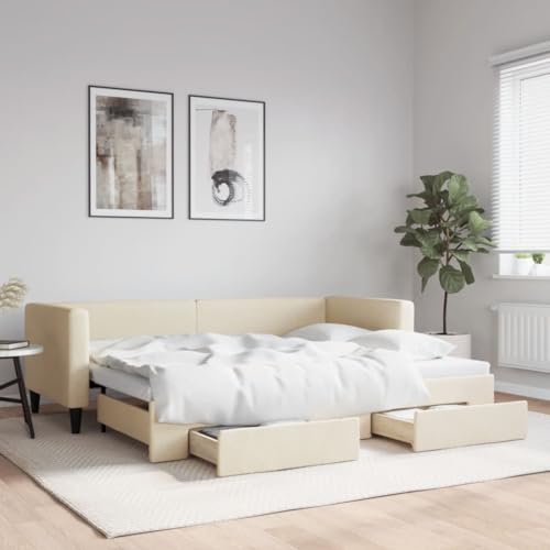 Hommdiy 2 in1-Bettsofa Tagesbett Ausziehbar Schlafsofa Gästebett für Schlafzimmer Wohnzimmer Ausziehbar mit Schubladen Creme 80x200 cm Stoff von Hommdiy