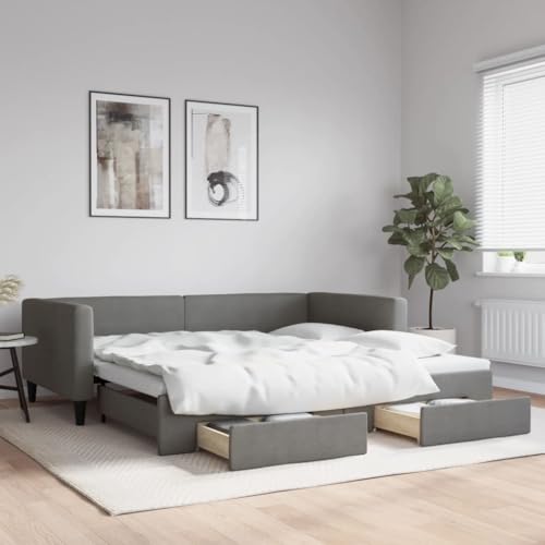 Hommdiy 2 in1-Bettsofa Tagesbett Ausziehbar Schlafsofa Gästebett für Schlafzimmer Wohnzimmer Ausziehbar mit Schubladen Dunkelgrau 100x200 cm Stoff von Hommdiy