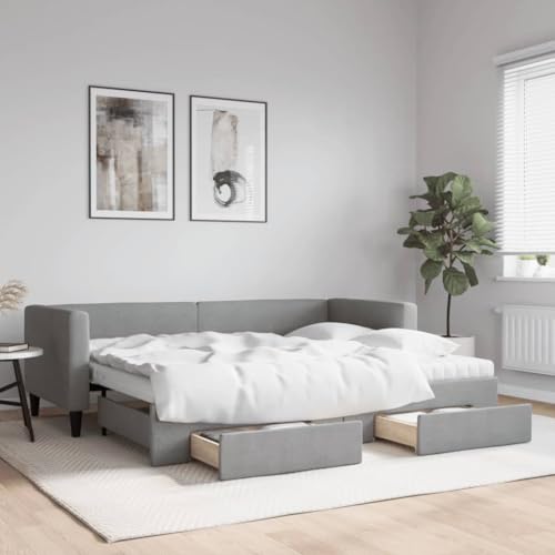 Hommdiy 2 in1-Bettsofa Tagesbett Ausziehbar Schlafsofa Gästebett für Schlafzimmer Wohnzimmer Ausziehbar mit Schubladen Hellgrau 80x200 cm Stoff von Hommdiy