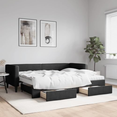 Hommdiy 2 in1-Bettsofa Tagesbett Ausziehbar Schlafsofa Gästebett für Schlafzimmer Wohnzimmer Ausziehbar mit Schubladen Schwarz 80x200 cm Stoff von Hommdiy
