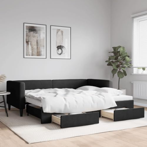Hommdiy 2 in1-Bettsofa Tagesbett Ausziehbar Schlafsofa Gästebett für Schlafzimmer Wohnzimmer Ausziehbar mit Schubladen Schwarz 90x200 cm Stoff von Hommdiy