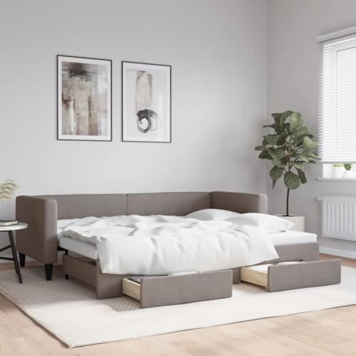 Hommdiy 2 in1-Bettsofa Tagesbett Ausziehbar Schlafsofa Gästebett für Schlafzimmer Wohnzimmer Ausziehbar mit Schubladen Taupe 80x200 cm Stoff von Hommdiy