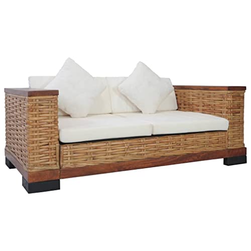 Hommdiy 2Sitzer Sofa mit Auflagen Braun Natur Rattansofa Loungesofa Sitzmöbel Wohnzimmersofa Rattanmöbel Designsofa Korbsofa Zweisitzer-Sofa von Hommdiy