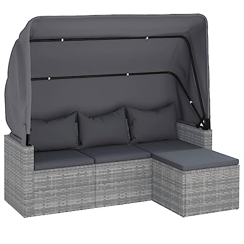 Hommdiy 3-Sitzer-Gartensofa mit Dach und Fußhocker Grau Poly Rattan von Hommdiy