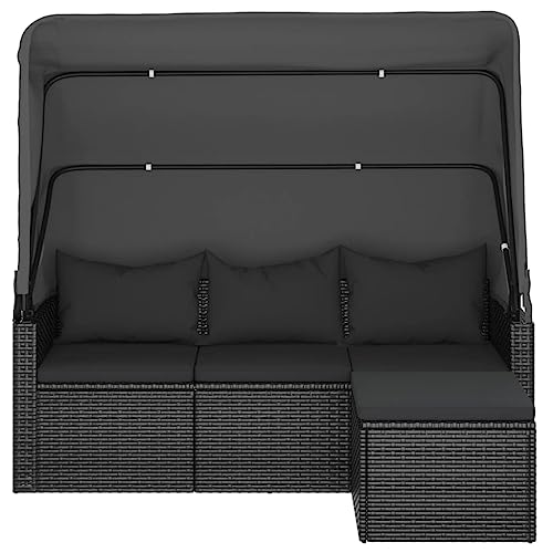 Hommdiy 3-Sitzer-Gartensofa mit Dach und Fußhocker Schwarz Poly Rattan von Hommdiy