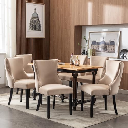 Hommdiy 4-Fußstuhl, Stuhl Beige Samt, mit Knopfsteppung, Gestell aus Massivholz, BeigeSet, 6 St von Hommdiy