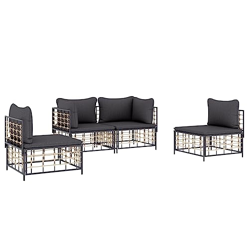Hommdiy 4-TLG. Garten-Lounge-Set mit Kissen Poly Rattan Anthrazit von Hommdiy
