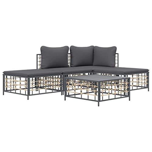 Hommdiy 5-TLG. Garten-Lounge-Set Kissen Anthrazit Poly Rattan von Hommdiy