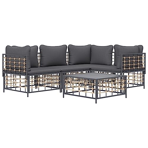 Hommdiy 5-TLG. Garten-Lounge-Set Poly Rattan mit Kissen Anthrazit von Hommdiy