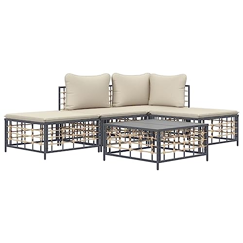 Hommdiy 5-TLG. Garten-LoungeSet mit Kissen Anthrazit Poly Rattan von Hommdiy