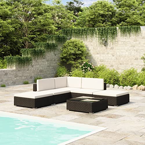 Hommdiy 6 TLG. Garten-Lounge-Set mit Auflagen Poly Rattan Schwarz+Cremeweiß von Hommdiy