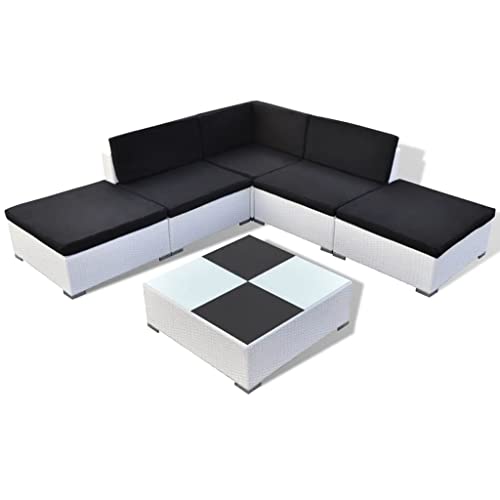 Hommdiy 6-TLG. Garten-Lounge-Set mit Auflagen Poly Rattan Lounge, Sitzgruppe mit Glastisch, Sofa Tisch Set, Familien-Lounge, Weiß, schwarz von Hommdiy