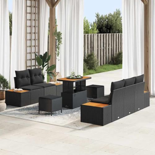Hommdiy 8-teiliges Garten-Sofa-Set mit Kissen Poly-Rattan Akazie Schwarz 90 cm Tischlänge von Hommdiy