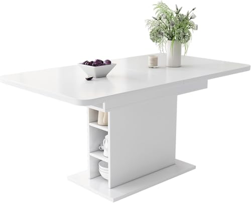 Hommdiy Ausziehbarer Esstisch,mit Stauraum, rechteckiger, Kaffee-Freizeittisch, Platzsparender multifunktionaler, moderner einfacher aus Eisen L110/130×W70×H75 (Weiß) von Hommdiy
